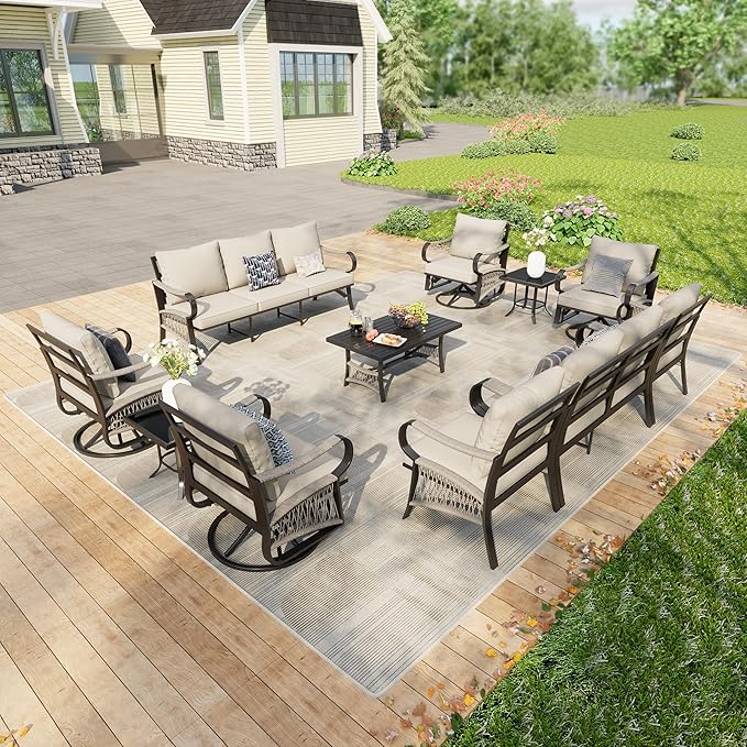 11 Pieces Patio Furniture Set, Metal Outdoor Conversation Sets with Swivel Chairs, Modern Couch Sofa Seating Group with Coffee Table and Side Table (Thick Beige Cushions)