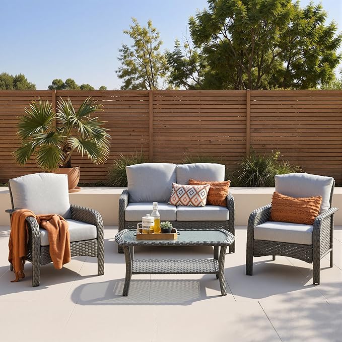 4-Piece Patio Furniture Set, Outdoor Wicker Furniture with Coffee Table, All Weather High Back Loveseat Patio Chairs, Modern Rattan Outdoor Chairs Conversation Set for Porch, Balcony, Garden,Grey