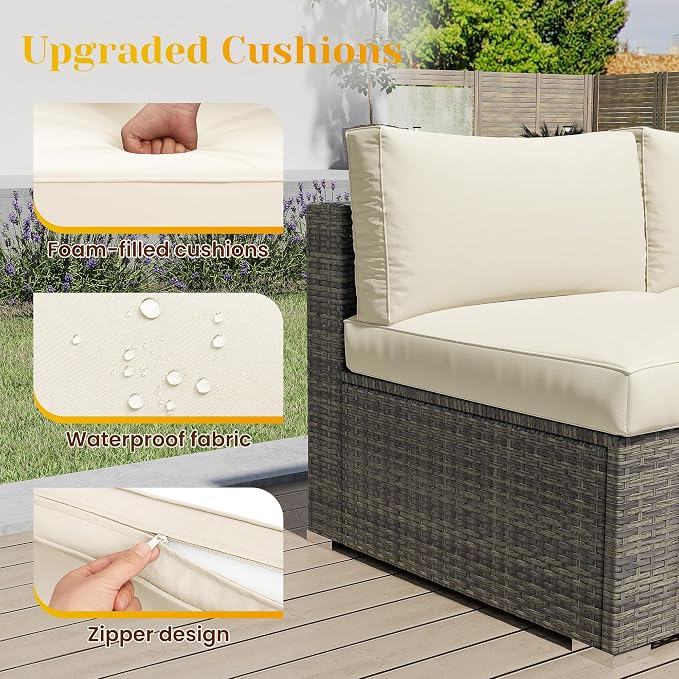 May in Color 5 Piece Outdoor Patio Sectional Furniture Set, Weather Resistant Rattan Outside Couch, Waterproof Conversation Sofa for Balcony, Porch, Backyard, Deck, Garden,Beige