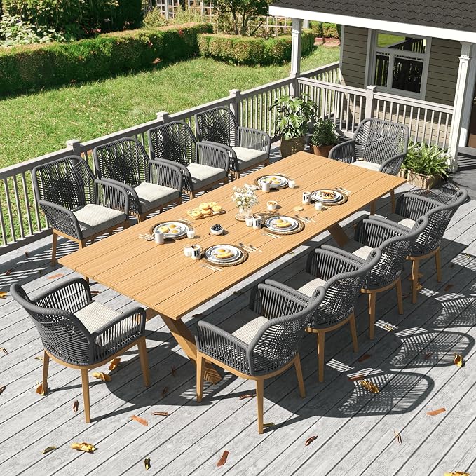 LayinSun Outdoor Dining Set for 10, 11 Pieces Patio Furniture Sets with Aluminum Dining Table and Rope Weave Chairs
