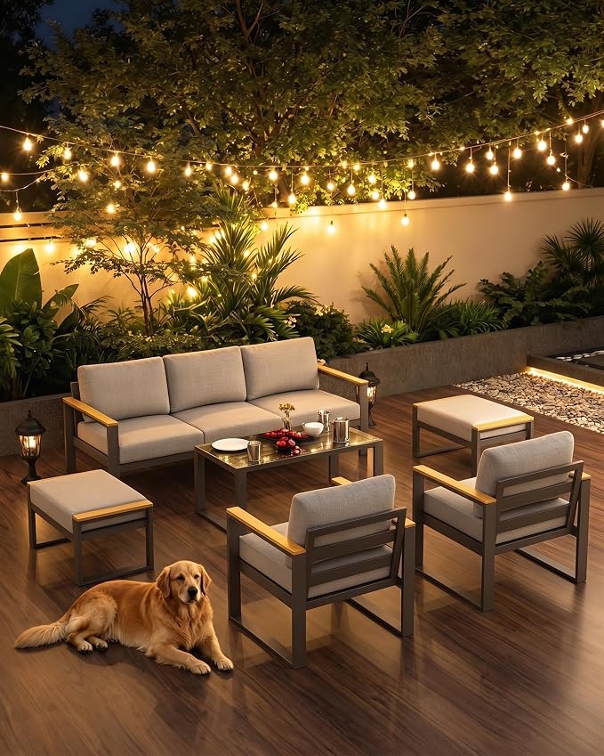 Modern Aluminum Patio Loveseat and Coffee Table Set - All-Weather Outdoor Furniture - Washable Thick Cushions - Rust Resistant, Easy Assembly - Comfortable for Balcony, Garden, Deck, Backyard - Gray