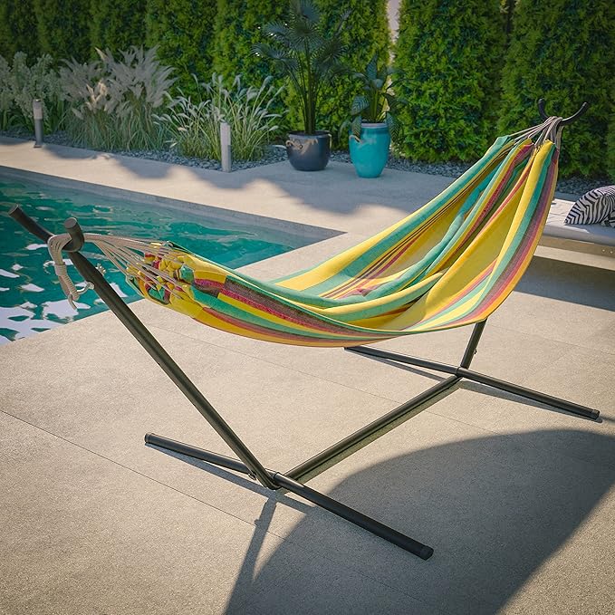 Flash Furniture Lola 2 Person Hammock with Stand and Premium Carry Bag, Cotton Hammock with Space Saving Steel Stand, 450 LBS. Static Weight Capacity, Tropical Multi
