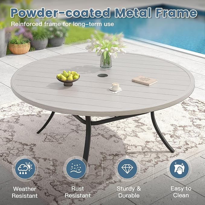 DIFY 11 Piece Outdoor Dining Set, 63" Grey Wood-Like Round Metal Patio Table and Grey Textilene Stackable Chairs for 10, All Weather Patio Furniture Set with Umbrella Hole for Backyard Garden Deck