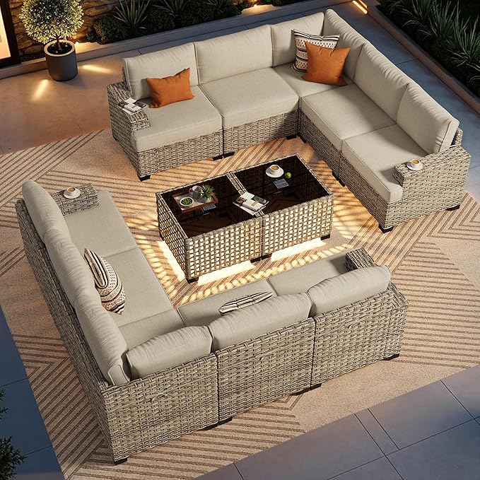 Patio Furniture Sets 12 Pieces Outdoor Sectional Rattan Sofa Manual Weaving Wicker Patio Conversation Set with Ottomans and T Cushion(Beige)