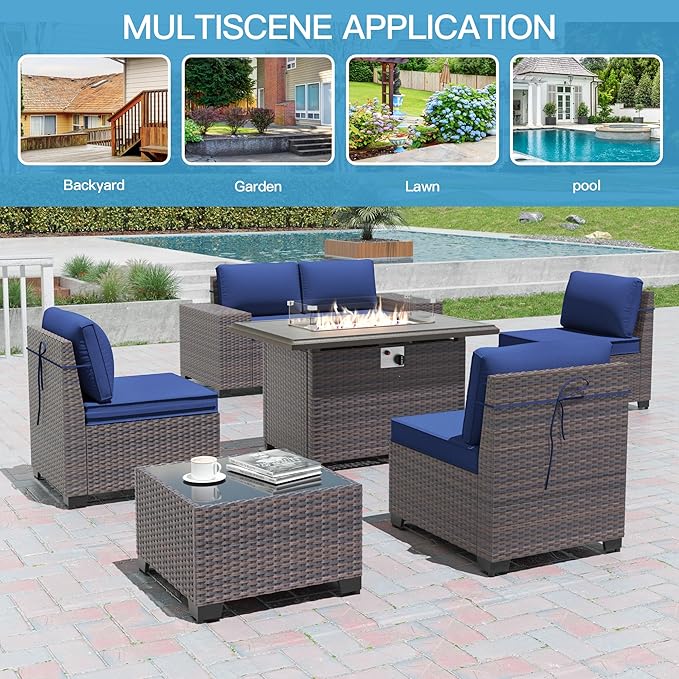 7 Pieces Outdoor Patio Furniture Set with 43"/55000BTU Gas Fire Pit Table,PE Rattan Wicker Outdoor Conversation Sofa Set Non-Slip Cushions Waterproof Covers for Backyard,Poolside,Garden,Navy
