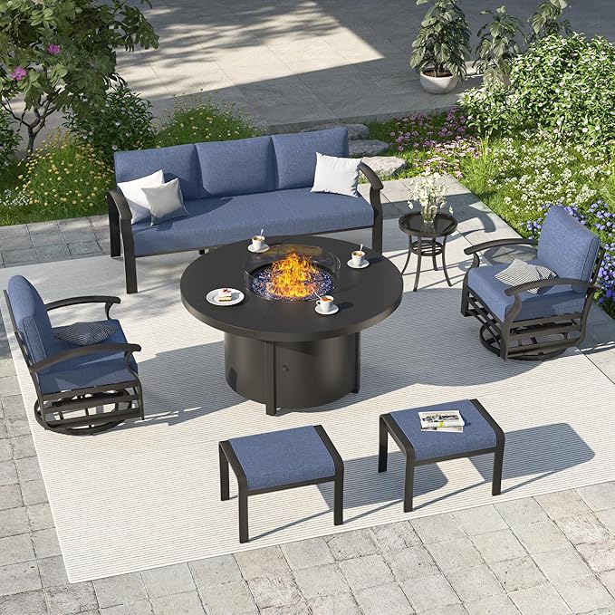 ALAULM Aluminum Patio Furniture Set with Round Propane Fire Pit Table 7-seat Metal Outdoor Furniture w/Swivel Chairs & 2 Ottomans Patio Sectional Sofas for Patio, Lawn, Poolside（DarkBlue