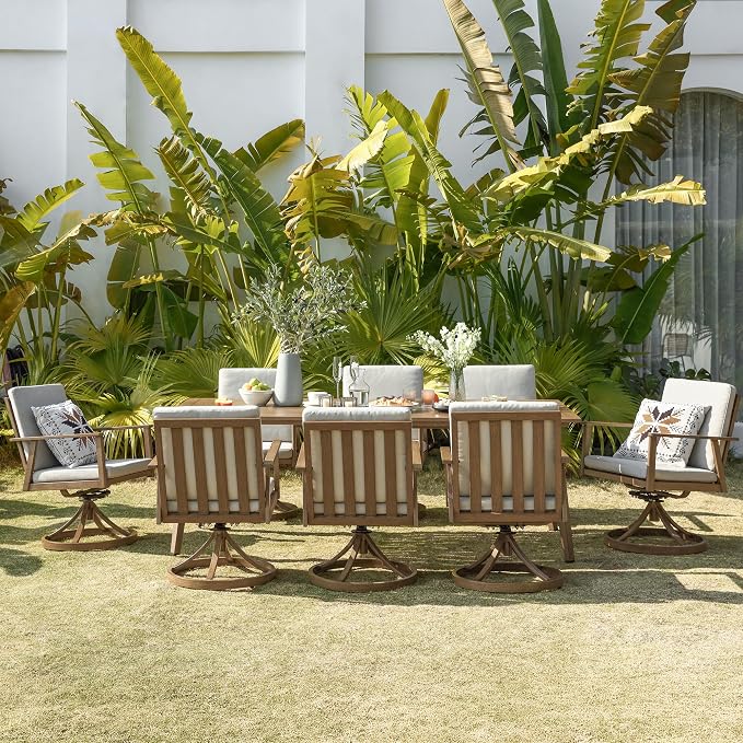 9 Pieces Patio Dining Set for 6, Aluminum Outdoor Dining Table Sets with Umbrella Hole, Modern Outdoor Patio Furniture Set with 8 Swivel Chairs and Table for Backyard, Poolside and Deck,Teak