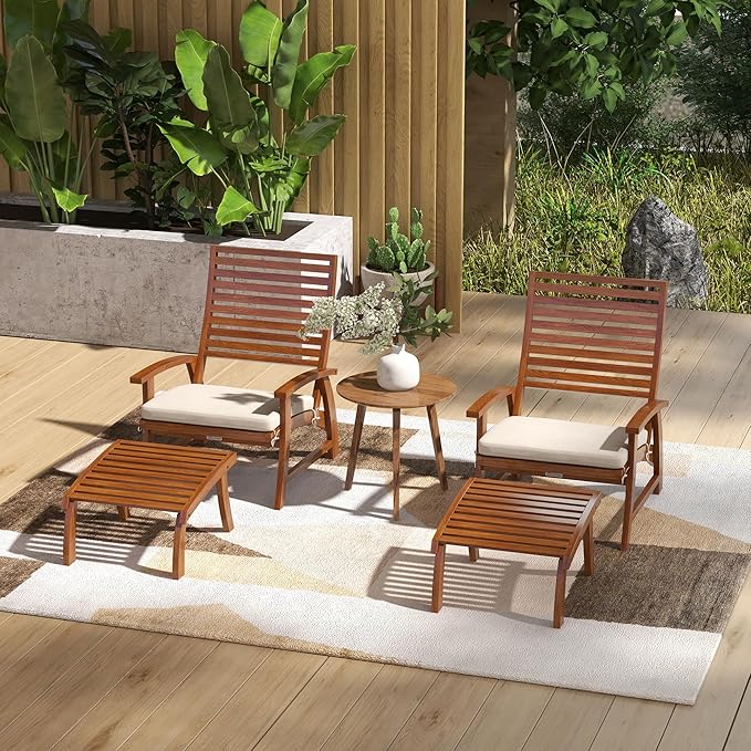 Outsunny 4 Piece Patio Furniture Set, 2 Chairs with Footstools, Outdoor Chair Set for 2 with Slatted Acacia Wood Seat and Backrest, Cushions and Ottomans, Cream White