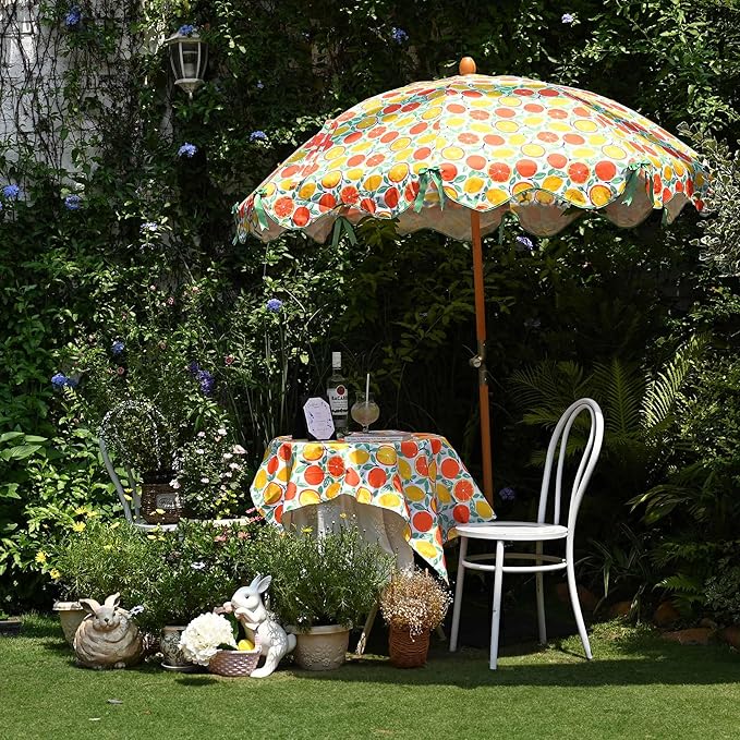 LAGarden Fringe Patio Umbrella with Carry Bag & Cover Vintage Wood for Event Outdoor Garden Yard Wedding Bistro Table