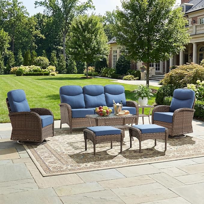 Luxury Patio Furniture Set with 6-inch Thick Cushions, Outdoor Furniture Set with High Back Swivel Chairs, 7 PCS Wicker Outdoor Conversation Set for Porch, Patio, Yard, Deck, Poolside, Brown/Blue