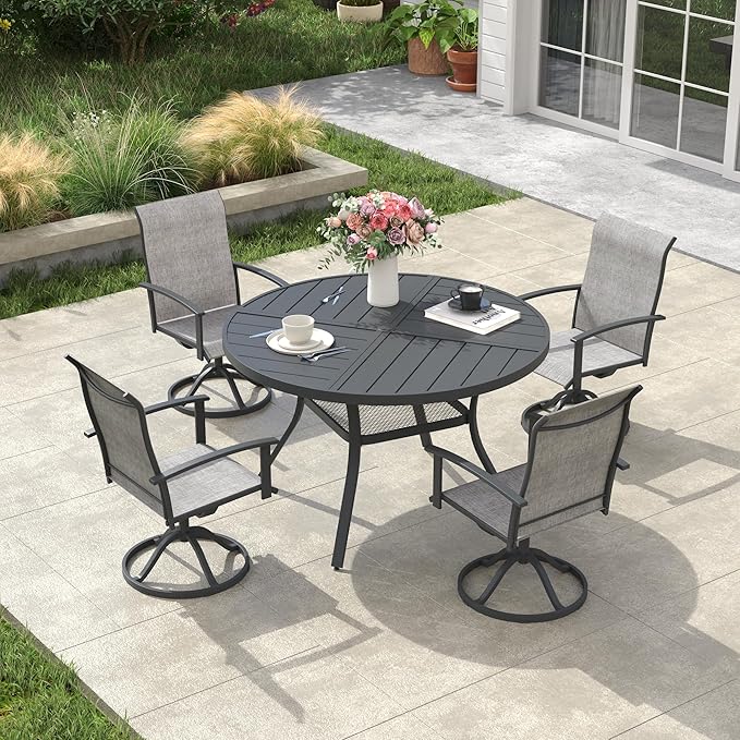 VICLLAX Outdoor Table and Chairs Set for 4, Patio Dining Set of 40.6" Metal Round Patio Table with Umbrella Hole & 4 Swivel Outdoor Dining Chairs for Backyard Lawn, Grey & Dark Grey