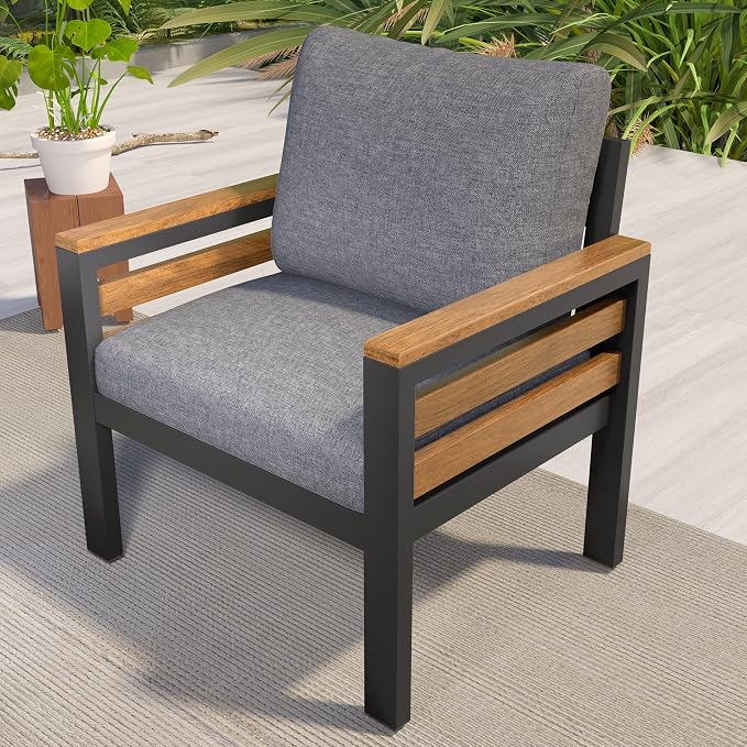 4-Piece Outdoor Furniture Sofa Set for 5 People with Acacia Wood Armrests, Patio Conversation Set with Removable Cushion and Solid Wood Coffee Table for Garden (Grey#46)
