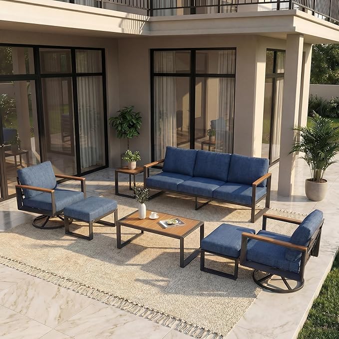 Aluminum Outdoor Patio Furniture Set 7 Pieces, 2 Swivel Rocking Chairs, 3-Seater Bench, 2 Ottomans, Coffee Table & Side Table, Patio Sectional Conversation Furniture Set with Thick Cushions