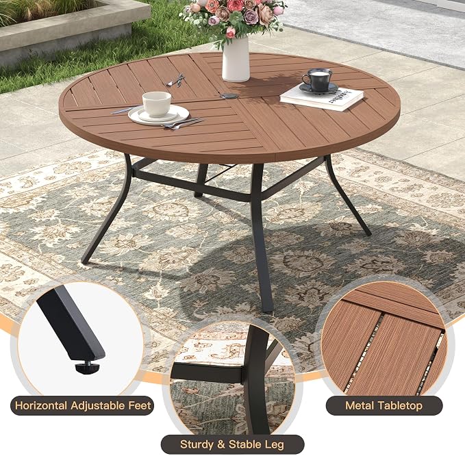 7 Pieces Patio Dining Set, 6 Outdoor Swivel Dining Chairs with 50.1" Round Metal Outdoor Dining Table with Umbrella Hole for Garden Backyard Deck, Mixed Brown & Walnut