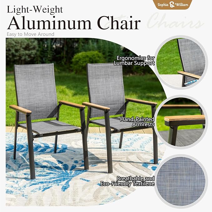 Sophia & William Patio Dining Chairs Set of 2, Stackable Aluminuum Frame | Grey textilene, Weather-resistant, light-weight & space-saving, Breathable & quick-drying, Outdoor deck backyard porch