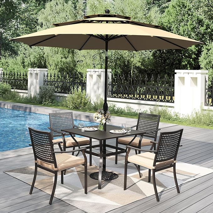 PHI VILLA 5 Pieces Outdoor Dining Set for 4 with 10ft Umbrella, 37" Metal Square Table & Stackable Wrought Iron Chair with Cushions & Beige Umbrella, Modern Furniture Set for Patio, Deck, Yard, Porch