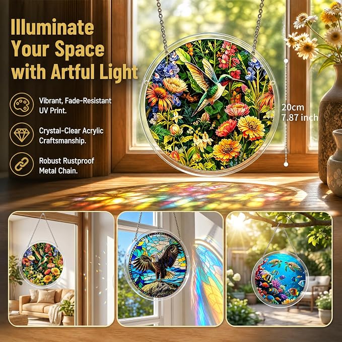 Acrylic Jigsaw Puzzle Suncatcher 7.8'',Stained Glass Suncatcher Home Decor | Hummingbird Acrylic Puzzle Suncatcher,DIY Sun Catcher Puzzle Kit,Window Hanging Ornament Art,Home Garden Decor Gift for Mom