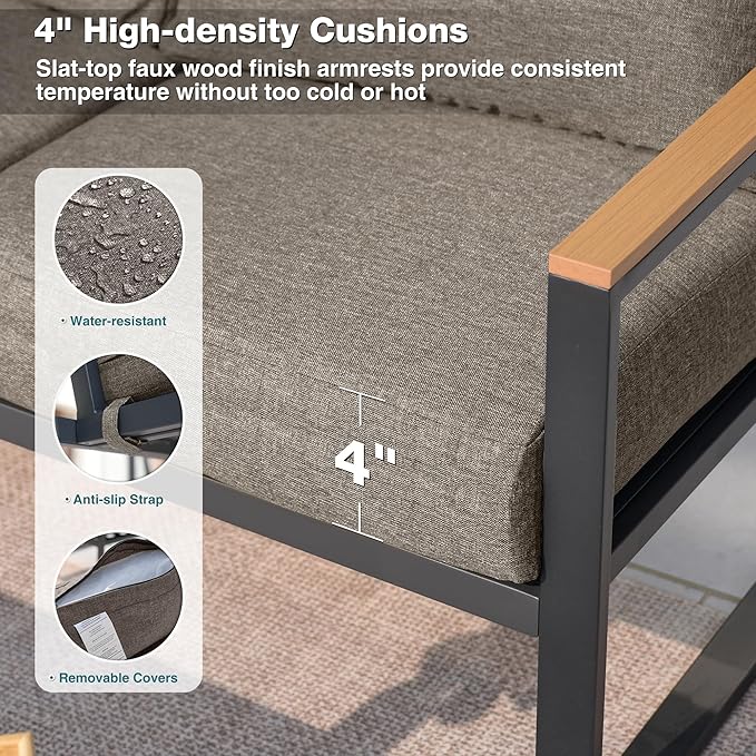 Patio Furniture Set, 4 Pieces Outdoor Patio Furniture with Coffee Table Set, Metal Patio Conversation Sets with Washable and High-Resiliency Sponge Cushions,Coffee