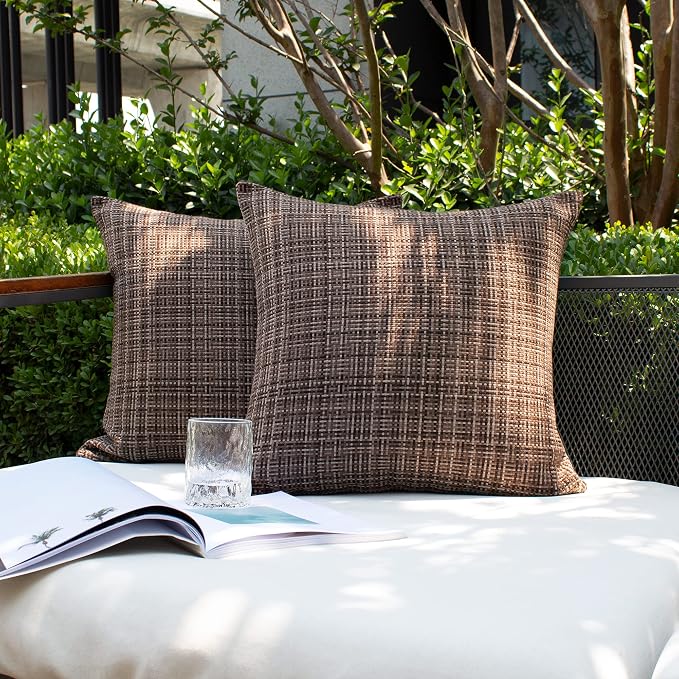 Kevin Textile Outdoor Waterproof 24x24 Inch Pillow Covers 2 Pack, Brown | Water Resistant, Faux Linen Yarn-dyed, Woven Texture Euro Throw Pillow Covers for Tent Patio Garden Couch Sofa