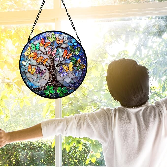DASTOLL Stained Glass Window Hanging, Butterfly Tree Clover Sun Catchers Glass Panel Blue Suncatcher Decor for Birthday for Women, Men, Wife, Aunt, and Mom 6.3 in
