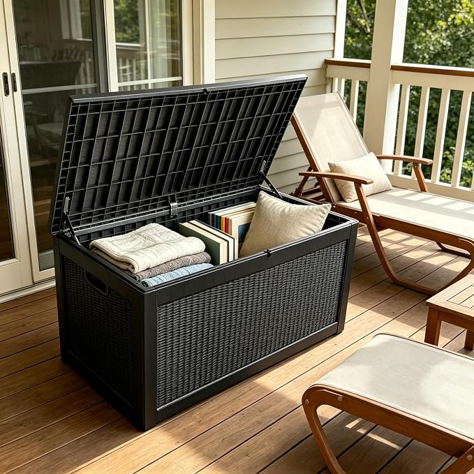 MAKINO 317 Gallon Large Resin Outdoor Storage Box, Waterproof Deck Box, Lockable Deck Container with Reinforced Support, Outdoor Chest for Patio Accessories, Outdoor Cushions, Garden Tools, Black
