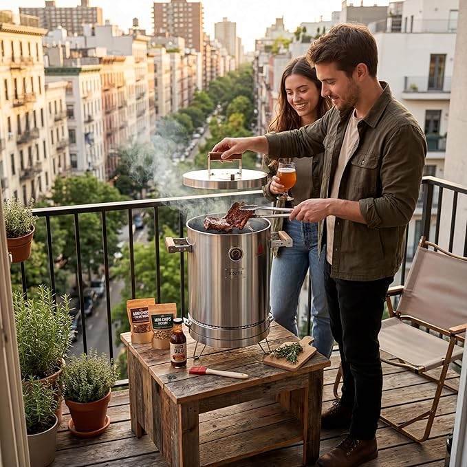 Charcoal Grills - Basic Mini 6 lbs - 3-in-1 Stainless Steel Ultra-Portable Charcoal Smoker for Outdoors, Camping and Home BBQ - Vertical Smoker Barrel Grill with Thermometer & Accessories