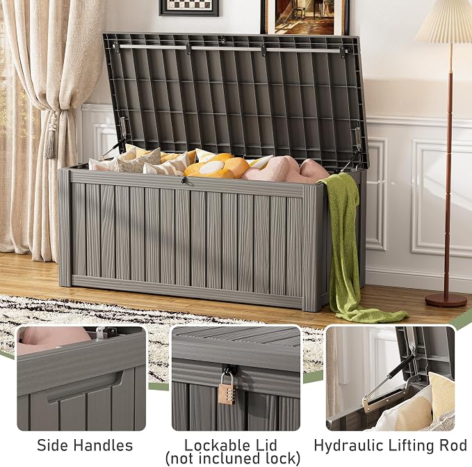 KAMABOKO Outdoor Storage Box, 150 Gallon Large Outdoor Resin Deck Box, Storage Waterproof Boxes Lockable Lid for Garden Tools, Pool Supplies, Patio Furniture and Cushions, Grey