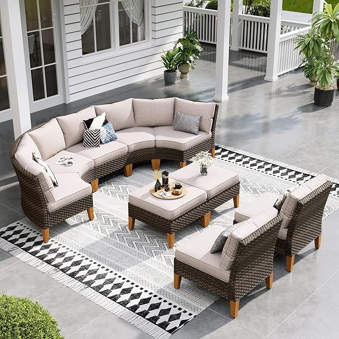 Sophia & William Outdoor Wicker Sectional Sofa Set, Half Moon Curved Patio Furniture Set with Ottman, High Back Rattan Patio Conversation Set for Outside, Porch, Pool(Beige, 9 Piece)