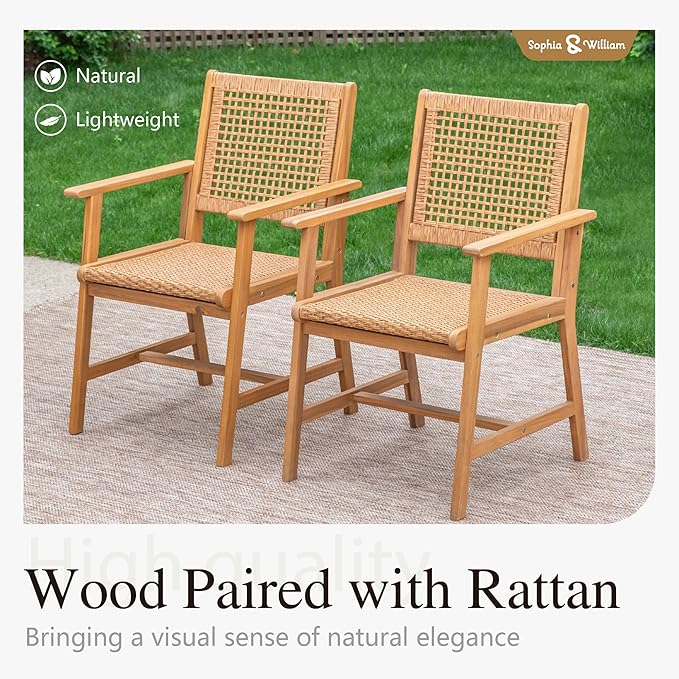 Sophia & William Patio Dining Chairs Outdoor 2 Pieces Hand Woven Wooden Rattan Armchair, Acacia Wood Outside Chair with Rattan Seat & Back for Porch Backyard Garden Balcony Set of 2
