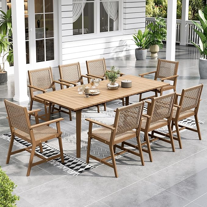 Sophia & William Patio Table and Chairs Set, 9-Piece Rattan Outdoor Dining Set Acacia Wood Patio Dining Sets for Yard, Garden, Porch and Poolside(Light Brown)