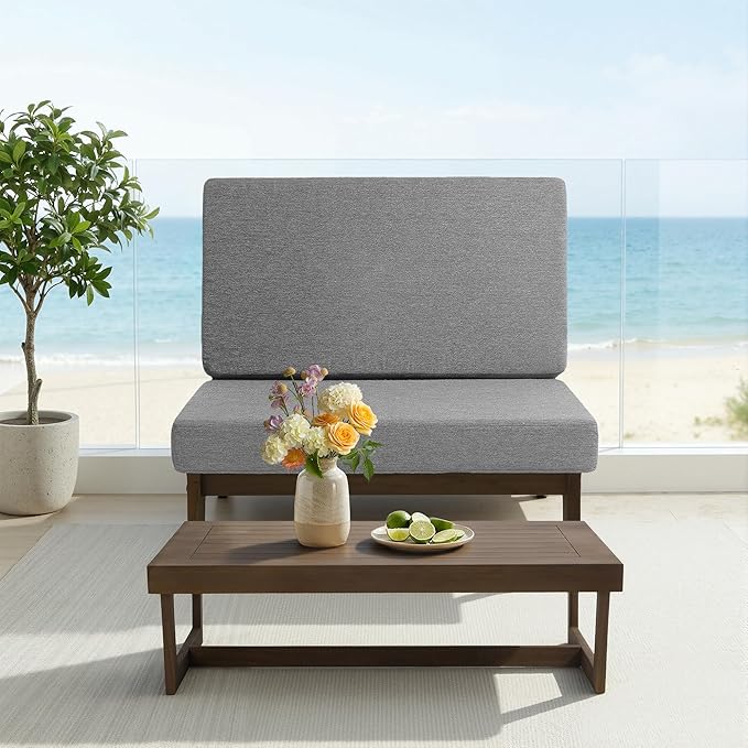 UIXE Wood Patio Furniture Sets, 2 Pieces All Weather Patio Loveseat Outdoor Sofa with Solid Wooden Coffee Table - Light Gray