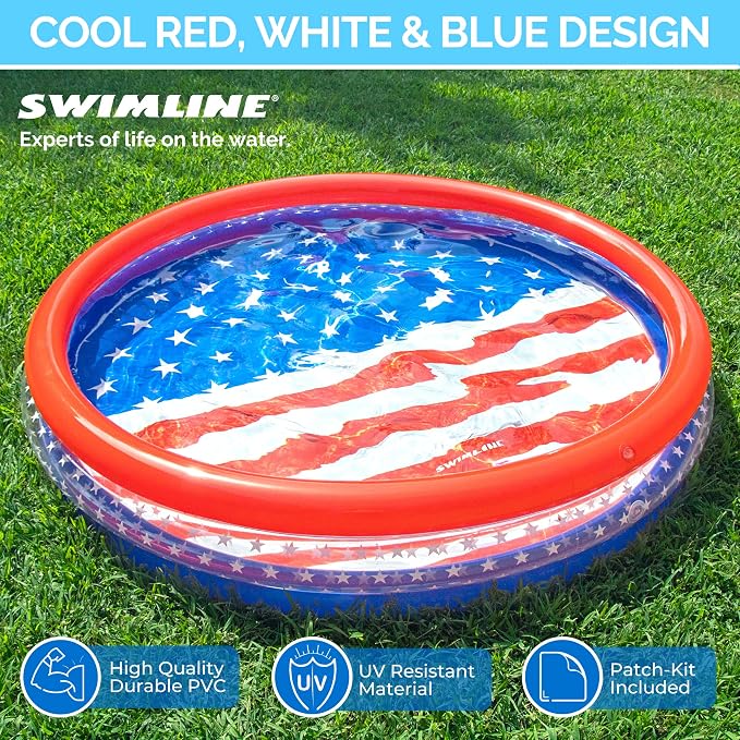 SWIMLINE Americana 3 Ring Kiddie Pool 60'' X 12'' | For Kids Toddlers Children Adults| Ball & Sand Pit Outdoor Indoor Garden Backyard Summer Fun | Blow Up Thick Durable Inflatable Splash Pad Sprinkler