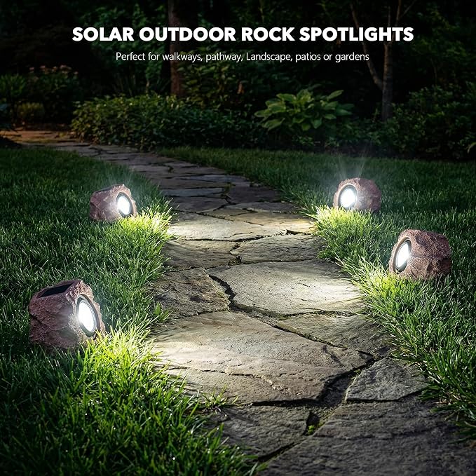 VISFLAIR Solar Rock Lights, 4 Pack Solar Powered Waterproof LED Spotlights Decorative for Outdoor Garden, Pathway, Walkway, Yard, Landscape, Patio (Cool White)