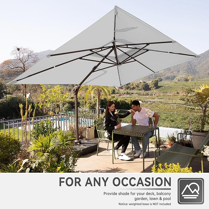 10 X 13 FT Cantilever Outdoor Patio Umbrella with Base Included Large Heavy Duty 360° Rotation Double Top Offset Rectangular Umbrellas with LED Lights for Backyard Outside Deck, Fog Grey