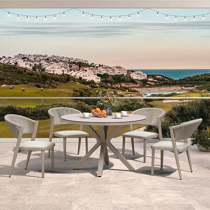 PURPLE LEAF 5 Pieces Oversized Round Dining Set Aluminum Frame and Wicker Rattan Patio Table and Chairs with Cushions for Garden Deck Outdoor Champagne