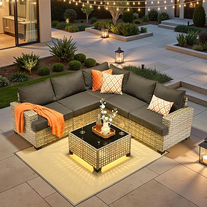 ovios 6 Piece Patio Sectional Furniture, Rattan Wicker Coversation Couch Set, Outdoor Sofa Set for Outside Porch Balcony Backyard Pool,Black