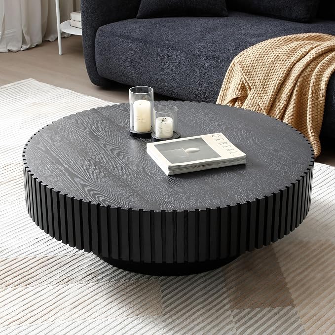 Round Coffee Table, Natural Wood, Modern Style, Slatted Base Design, Living Room Table (Black, 31.49)