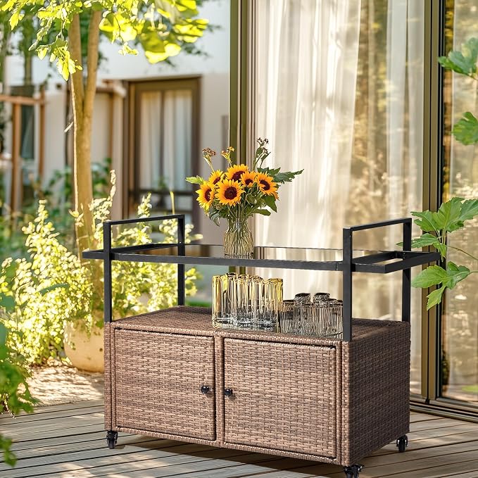Outvita Patio Bar Table, Weatherproof Buffet Cabinet Wicker Outdoor Storage Cart with 2 Doors & Shelves Glass Tabletop for Tableware Wine Bottle and Glass, Towels, and Potting Supplies