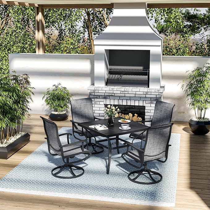 Pamapic 5-Piece Patio Dining Set, Outdoor Dining Set for 4, All-Weather Outdoor Table and Chairs with Textilene 360° Swivel Chairs for Garden, Backyard, Poolside and Deck，Gray