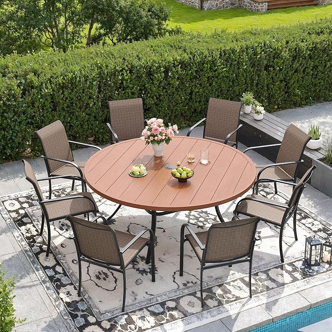 DIFY Outdoor Dining Set for 8, Patio Dining Furniture Set Includes 53" Walnut Round Table with Adjustable Umbrella Hole and 8 Brown Stackable Metal Chairs for Poolside, Garden, Backyard