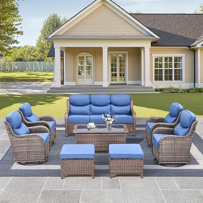 Luxury High Back Outdoor Furniture with 6-Inch Thick Cushions, Patio Furniture Set with Swivel Chairs, 8 PCS Wicker Conversation Set for Porch, Balcony, Deck and Yard
