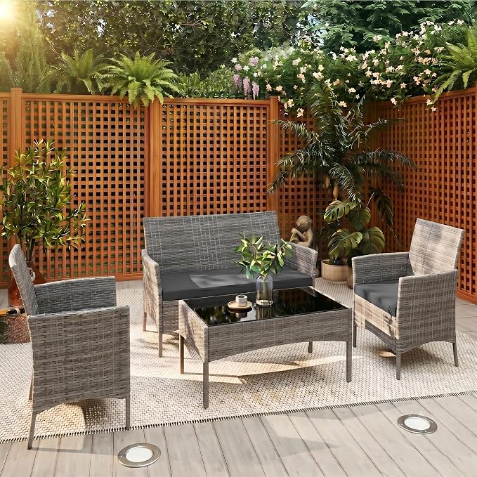 4 Pieces Outdoor Patio Furniture Set, Wicker Patio Conversation Set with Tea Table, All-Weather Outside Rattan Sectional Sofa for Backyard, Poolside, Garden, Balcony, Gray/Dark Gray