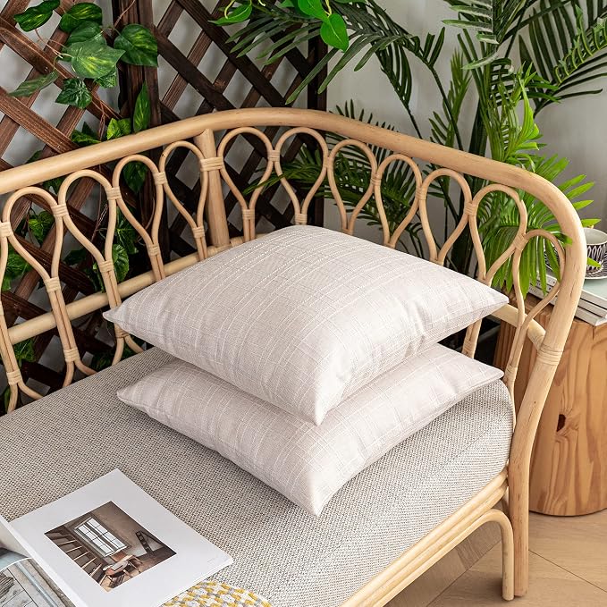 Kevin Textile Outdoor Waterproof 18”x18” Pillow Covers 2 Pack, Light Beige | Water Resistant, Soft Faux Linen-cotton Yarn-dyed Woven Texture Throw Pillow Covers for Tent Patio Garden Couch Sofa
