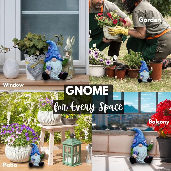 Peace Gnome Garden Statue - Original Design - Blue Peace Gnome Design for Yard, Lawn, Patio, Porch - Garden Decoration - Solar Light - Mom - Grandmother Outdoor Decor & Unique