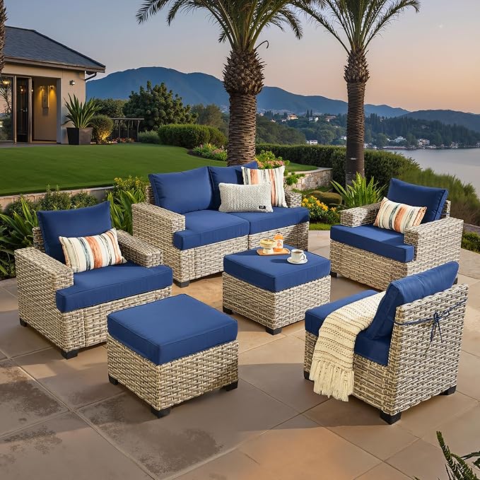 ovios 7 Piece Patio Sectional Furniture, Rattan Wicker Coversation Couch Set, Outdoor Sofa Set for Outside Porch Balcony Backyard Pool,Navy Blue