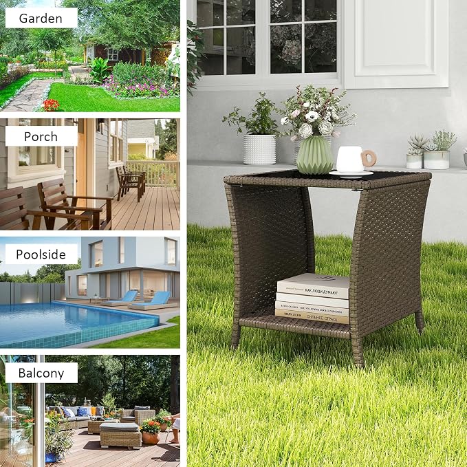 Kinfant Rattan Patio Side Table - Set of 2 Modern Wicker End Table, PE Rattan Coffee Table with Glass Top, Weather-Resistant Patio Furniture for Patio, Balcony, Garden, and Poolside (2, Sesame)