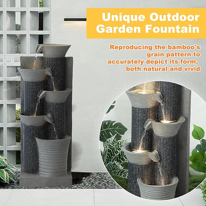 MAGIC UNION Outdoor Water Fountain, 5 Tiers Cascading Waterfall Indoor Water Feature Garden Decor with LED Lights, Patio Resin Fountains for Yard, Deck, Porch and Home, Bamboo Element (Gray)