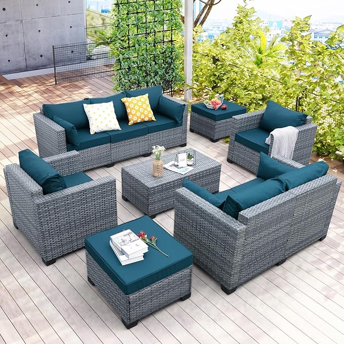 7 Piece Wicker Patio Furniture Sets Outdoor Conversation Set, PE Rattan Sectional Sofa Couch with Storage Table and Non-Slip Peacock Blue Cushions, Furniture Covers Included