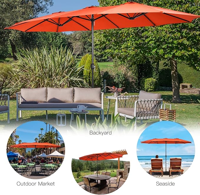 Tangkula 15FT Double-Sided Patio Umbrella with Base, Extra-Large Market Umbrella W/Crank System, Outdoor Twin Umbrella W/ 12-Rib Metal Structure & Air Vents for Garden, Backyard, Poolside (Orange)
