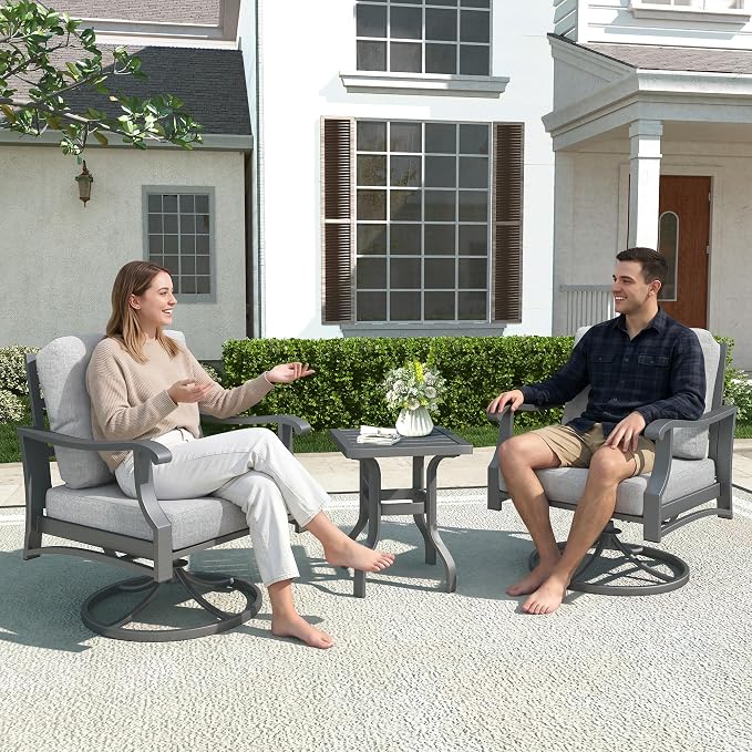 Outdoor Swivel Rocking Chairs, 3 Piece Metal Patio Rocker Chair w/Coffee Table, Aluminum Patio Bistro Furniture Set with 5" Thickened Cushions for Porch, Yard, Balcony, Gray